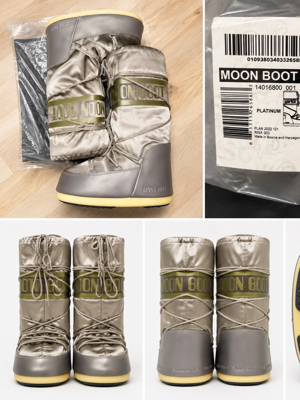 Moon Boot Metallic Silver Snow Boots with Olive Accent